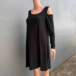 Vintage Black Cold Shoulder Long Sleeve Swing Dress Jersey Knit 2010s Style